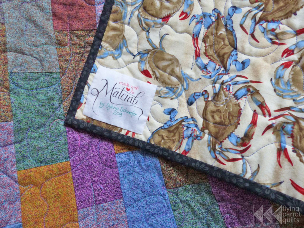 Matcrab quilt, backing and label | Flying Parrot Quilts