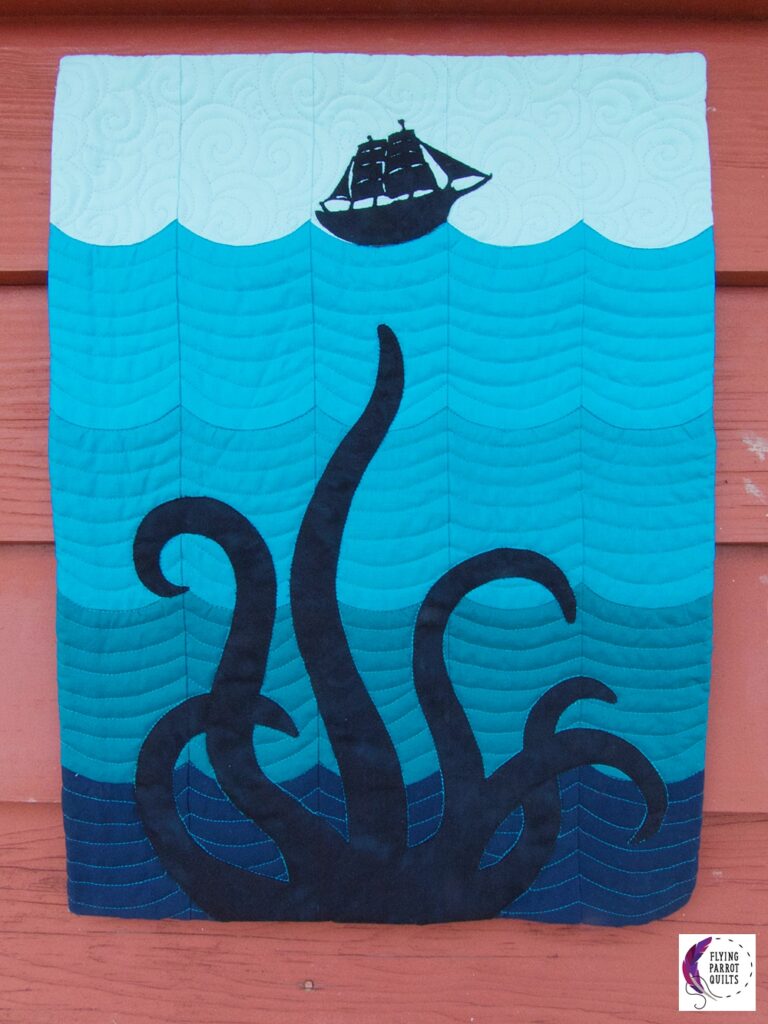 Sea monster kraken mini quilt by Sylvia Schaefer/Flying Parrot Quilts | www.flyingparrotquilts.com
