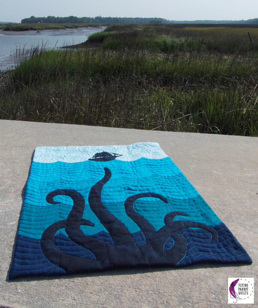 Sea monster kraken mini quilt by Sylvia Schaefer/Flying Parrot Quilts | www.flyingparrotquilts.com