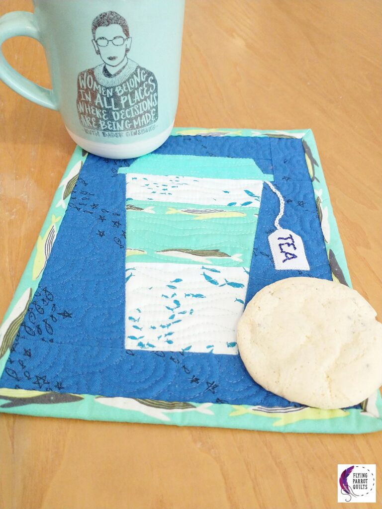 Ocean coffee cup mug rug by Sylvia Schaefer/Flying Parrot Quilts | www.flyingparrotquilts.com