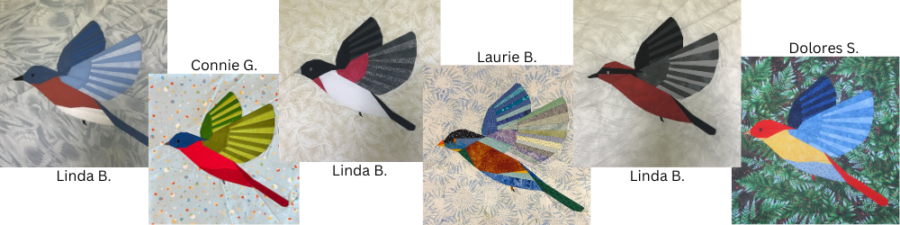 Birds by testers from the Flighted Fancy pattern by Flying Parrot Quilts